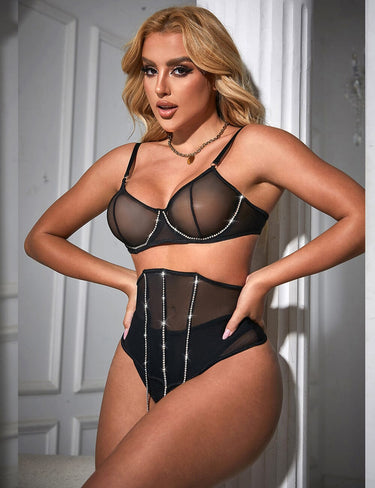 Scandals Boned Mesh Sexy Bra Set Diamond Stitching and Chain Lingerie Sets Scandals Lingerie